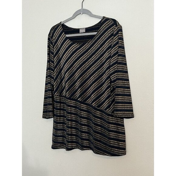 Chicos Travelers Blouse Womens 3 Navy Gold Metallic Striped Long Sleeve - Picture 1 of 13